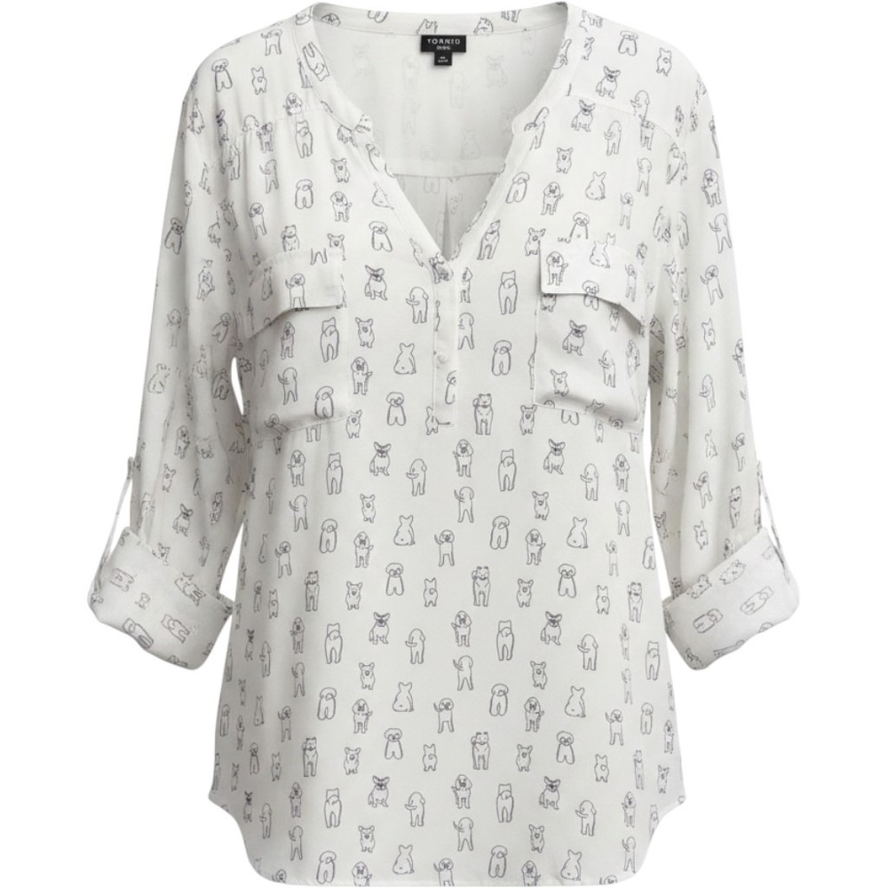 Torrid Harper White Dog Print Georgette Roll Tab Sleeve Blouse Size 5 Plus